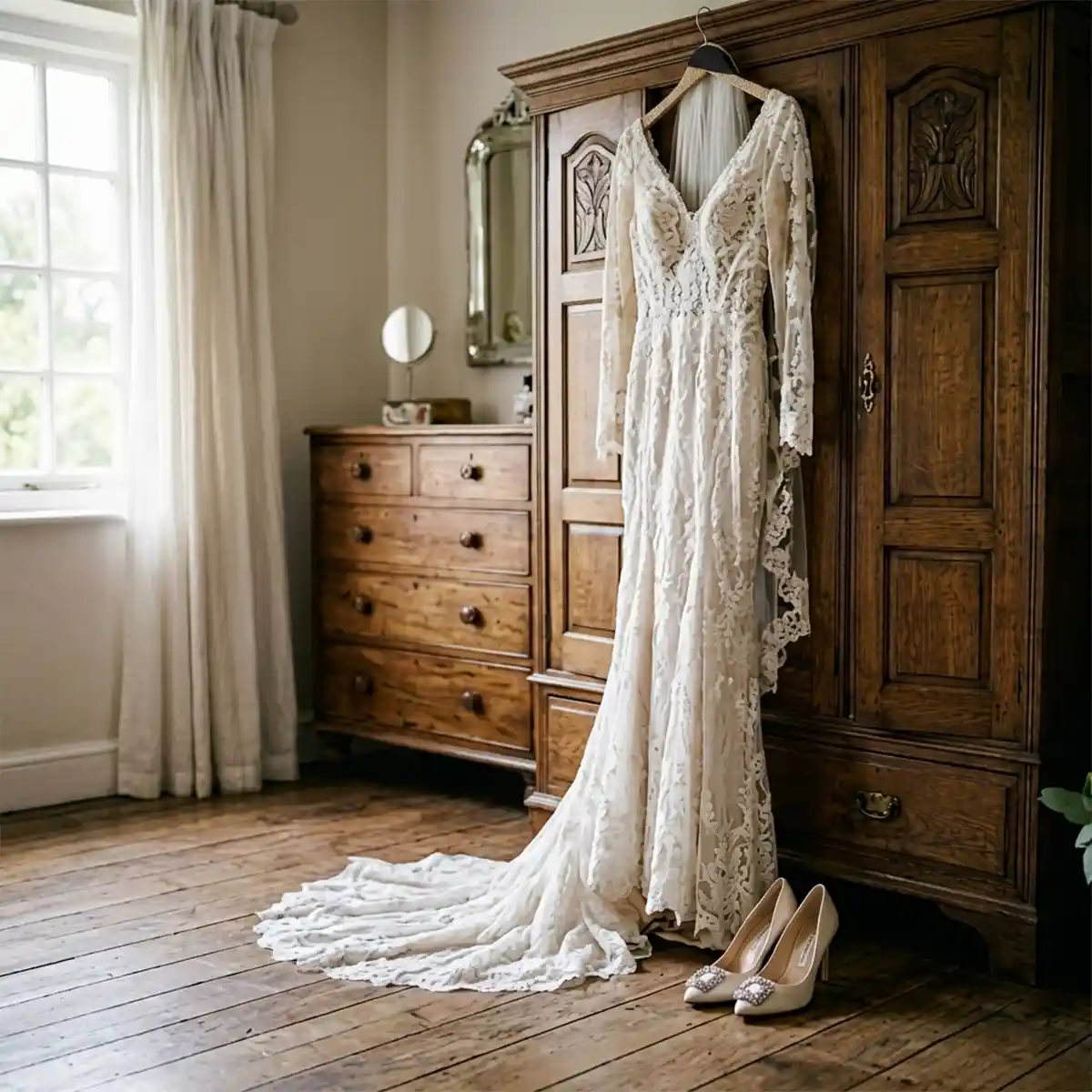 Abito da sposa in pizzo appeso all'armadio con velo e scarpe, dettagli dei preparativi del matrimonio