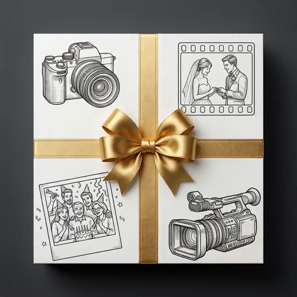 Carta regalo per un servizio fotografico: confezione bianca con fiocco dorato e illustrazioni di fotocamera, videocamera e foto di matrimonio e festa