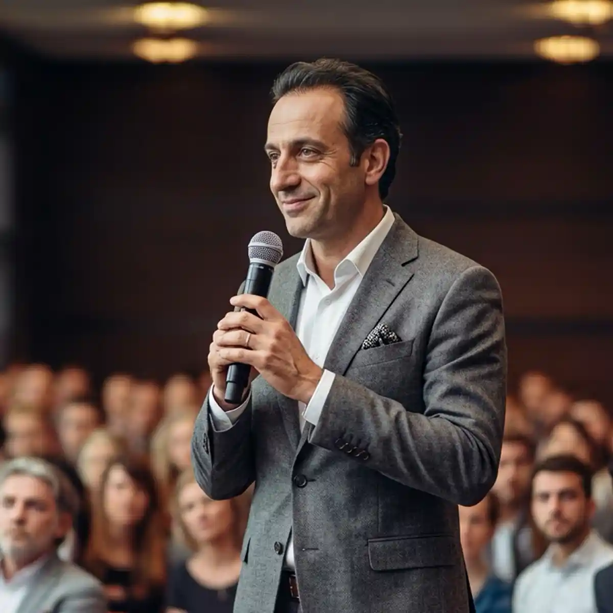 Relatore con microfono parla davanti al pubblico seduto durante un evento aziendale in sala conferenze