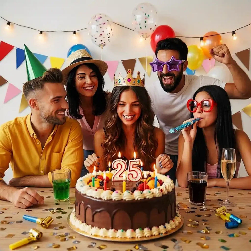 Amici festeggiano un compleanno attorno alla torta con candeline accese tra palloncini e coriandoli