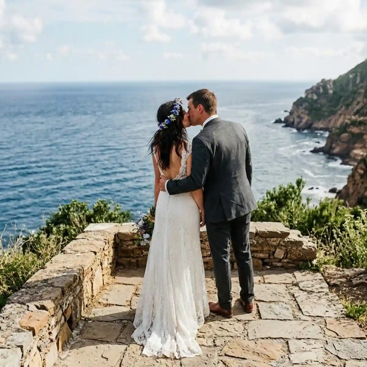 Fotografo matrimonialista a Genova: sposi si baciano su una terrazza in pietra affacciata sul mare della Liguria