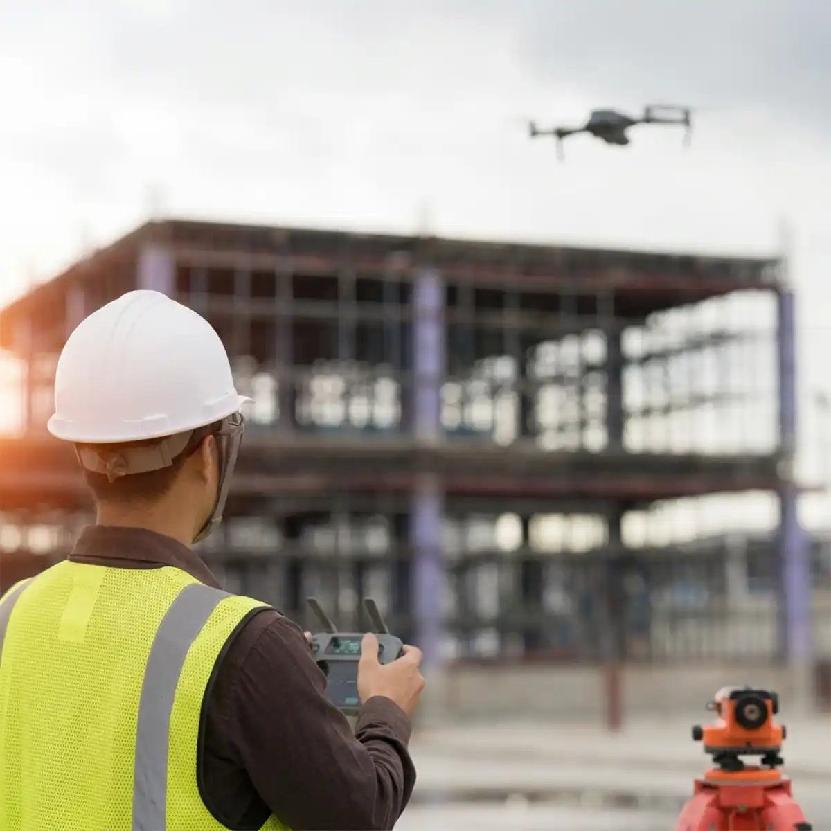 Pilota di drone in casco e gilet ad alta visibilità durante le riprese aeree di un cantiere edile