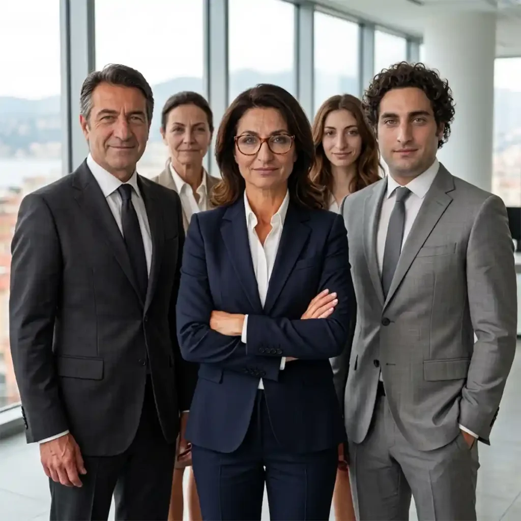 Team aziendale in abito formale posa per un ritratto di gruppo in un ufficio con ampie vetrate