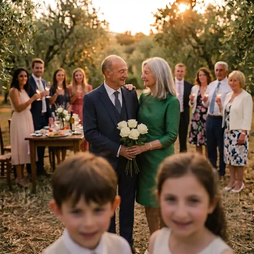 Coppia di anziani con bouquet di rose bianche festeggia un anniversario tra gli invitati in un uliveto al tramonto