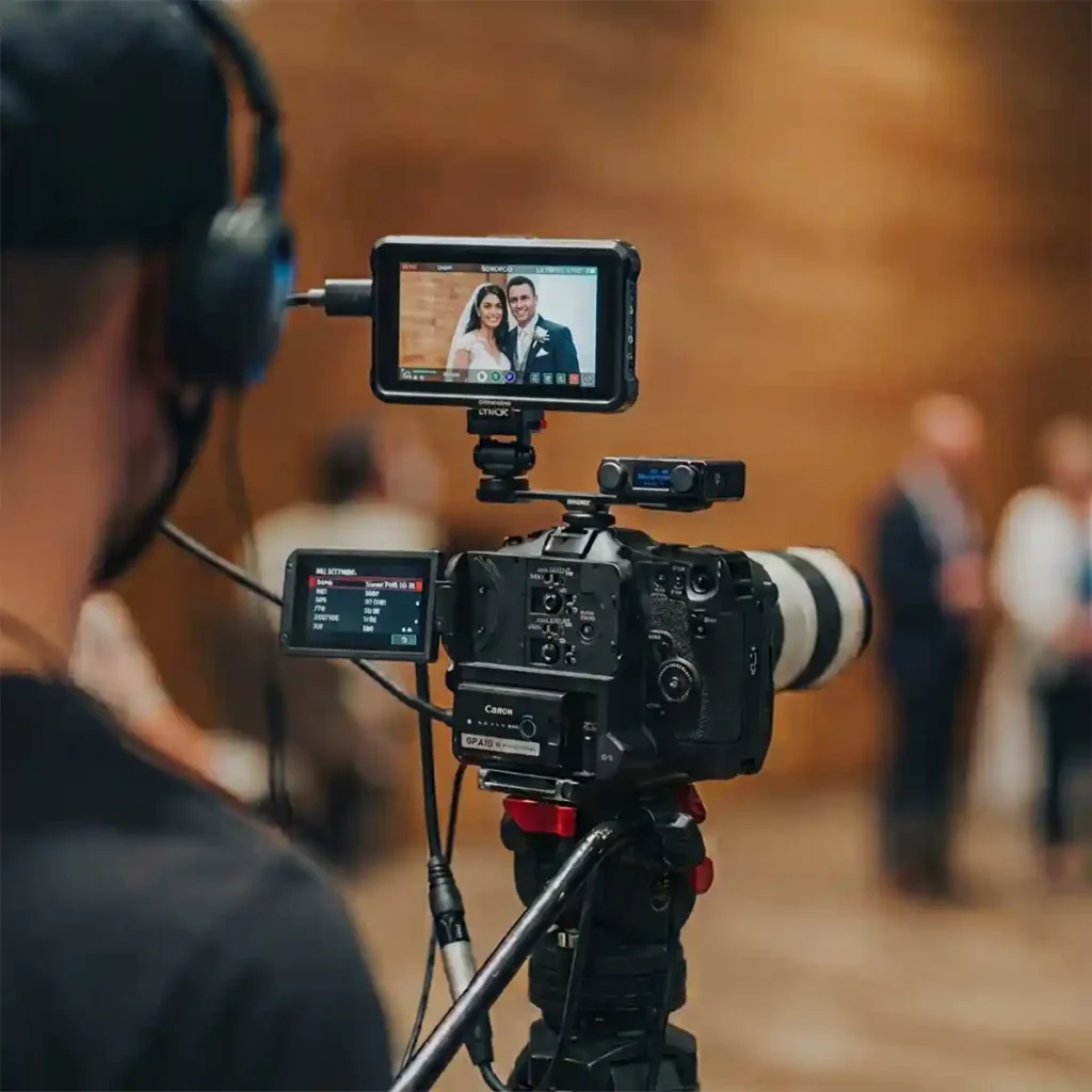 Videografo riprende gli sposi con una videocamera professionale e monitor esterno durante il matrimonio