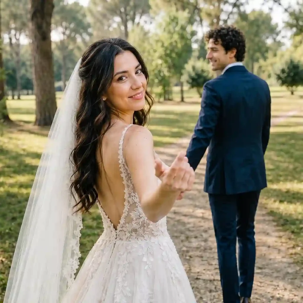 Fotografo di matrimoni a Genova: sposa sorridente conduce per mano lo sposo lungo un viale alberato