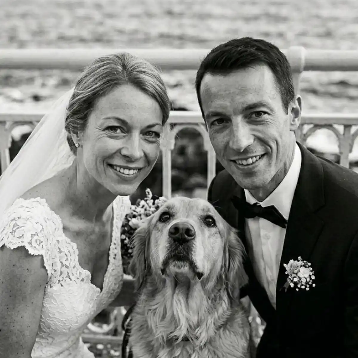 Sposi sorridenti posano con il loro golden retriever davanti al mare, ritratto in bianco e nero