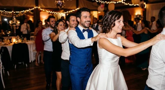 Gli sposi ballano insieme agli invitati durante il ricevimento a Chiavari