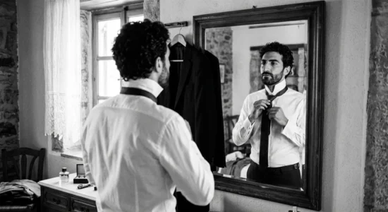 Lo sposo si annoda la cravatta davanti allo specchio durante i preparativi per il matrimonio alle Cinque Terre