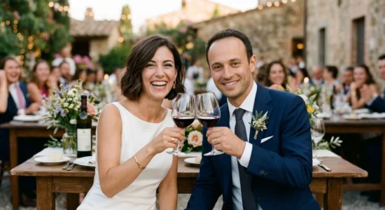 Gli sposi brindano alla tavolata del ricevimento all'aperto, matrimonio a Genova