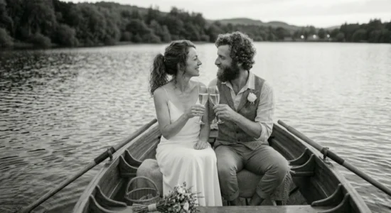 Gli sposi brindano con lo spumante a bordo di una barca a remi, matrimonio in Italia