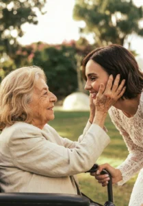 La nonna accarezza il viso della sposa in giardino durante un matrimonio a Portofino