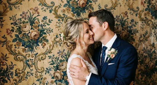 Gli sposi si abbracciano davanti a una parete a motivi floreali, matrimonio a Portofino
