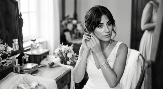 La sposa indossa gli orecchini allo specchio durante i preparativi di un matrimonio a Rapallo